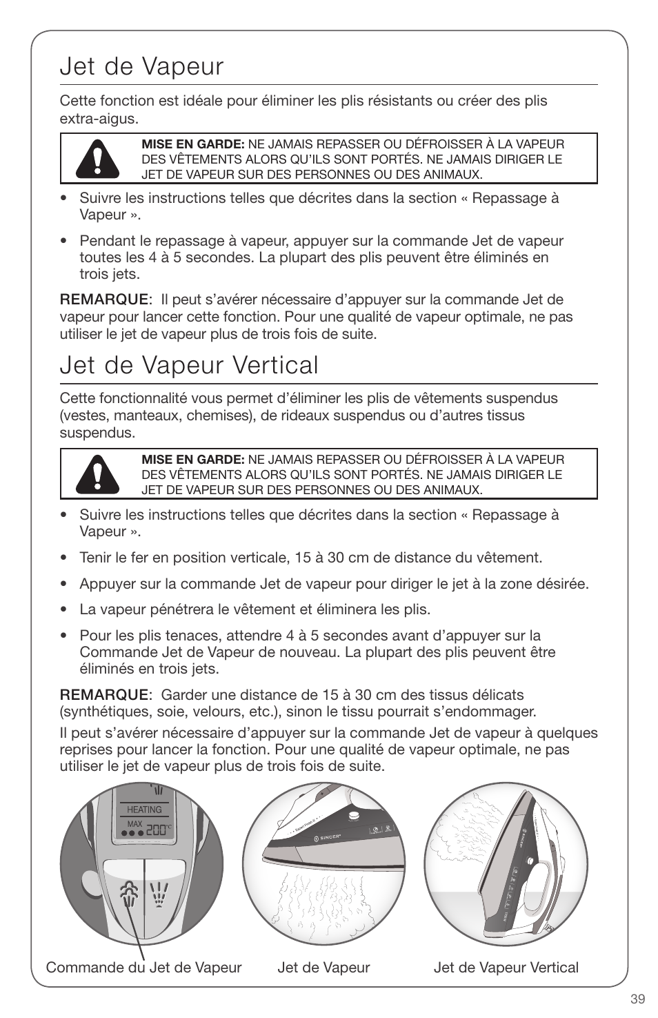 Jet de vapeur vertical, Jet de vapeur | SINGER EXPERT FINISH II User Manual | Page 39 / 45