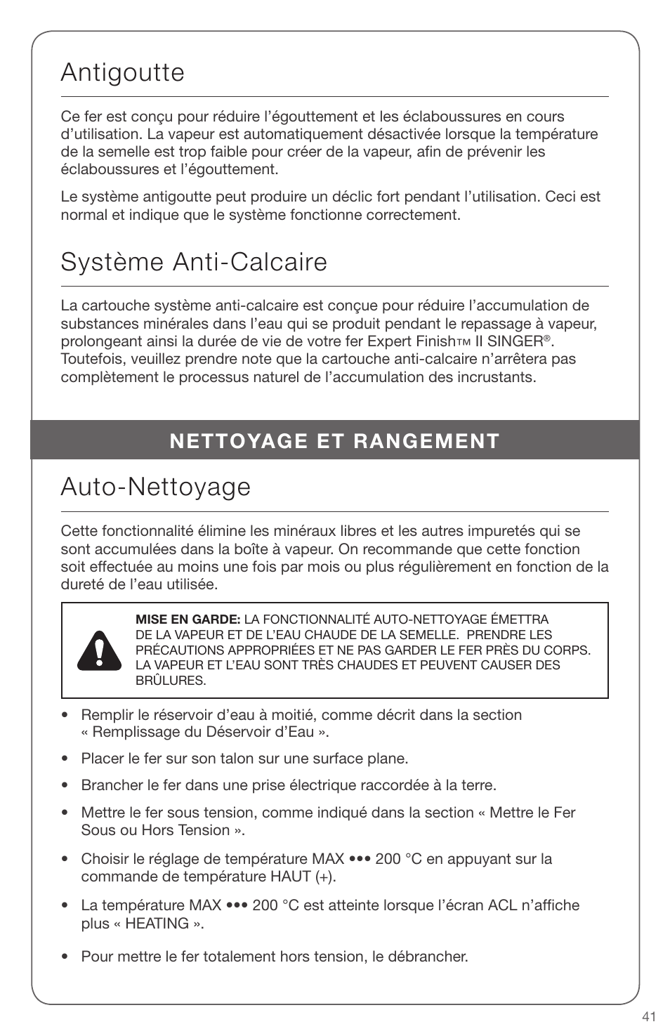 Antigoutte, Système anti-calcaire, Auto-nettoyage | Nettoyage et rangement | SINGER EXPERT FINISH II User Manual | Page 41 / 45