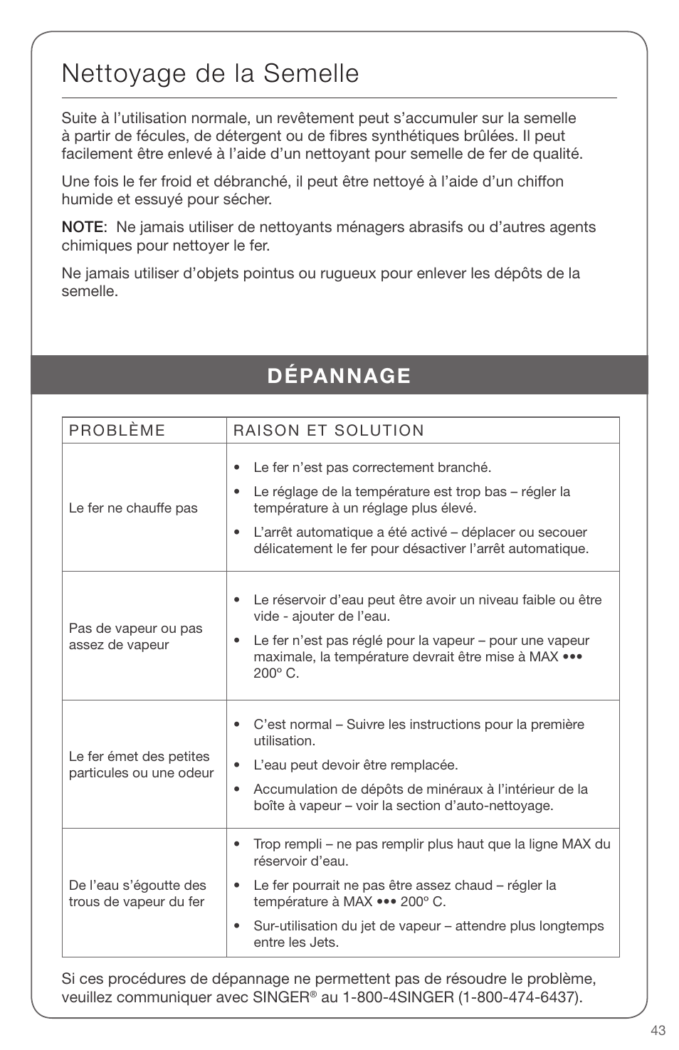 Nettoyage de la semelle, Dépannage | SINGER EXPERT FINISH II User Manual | Page 43 / 45