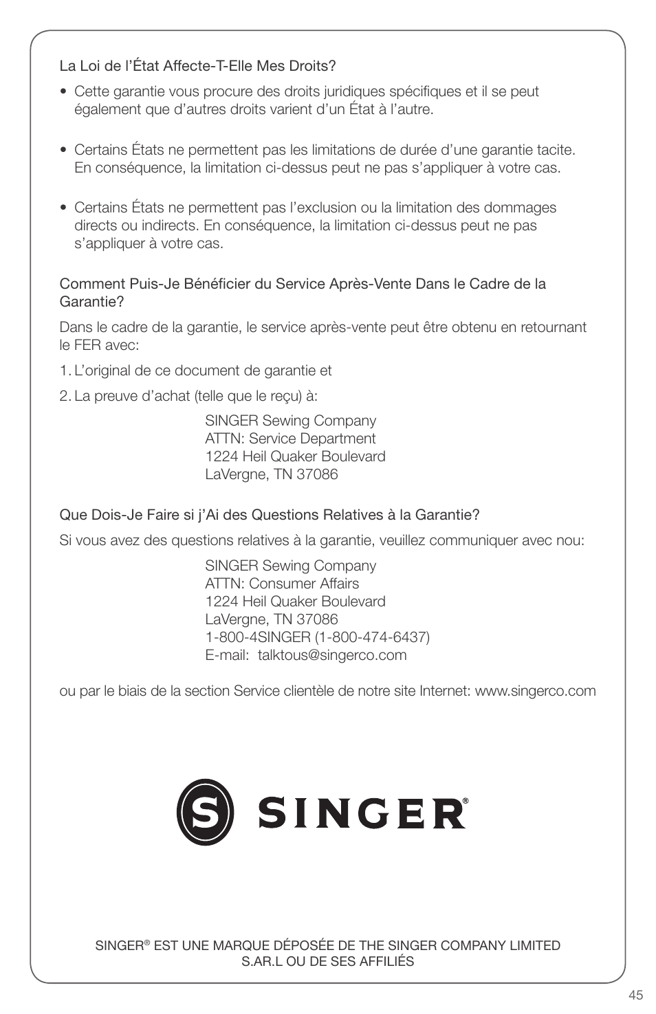 SINGER EXPERT FINISH II User Manual | Page 45 / 45