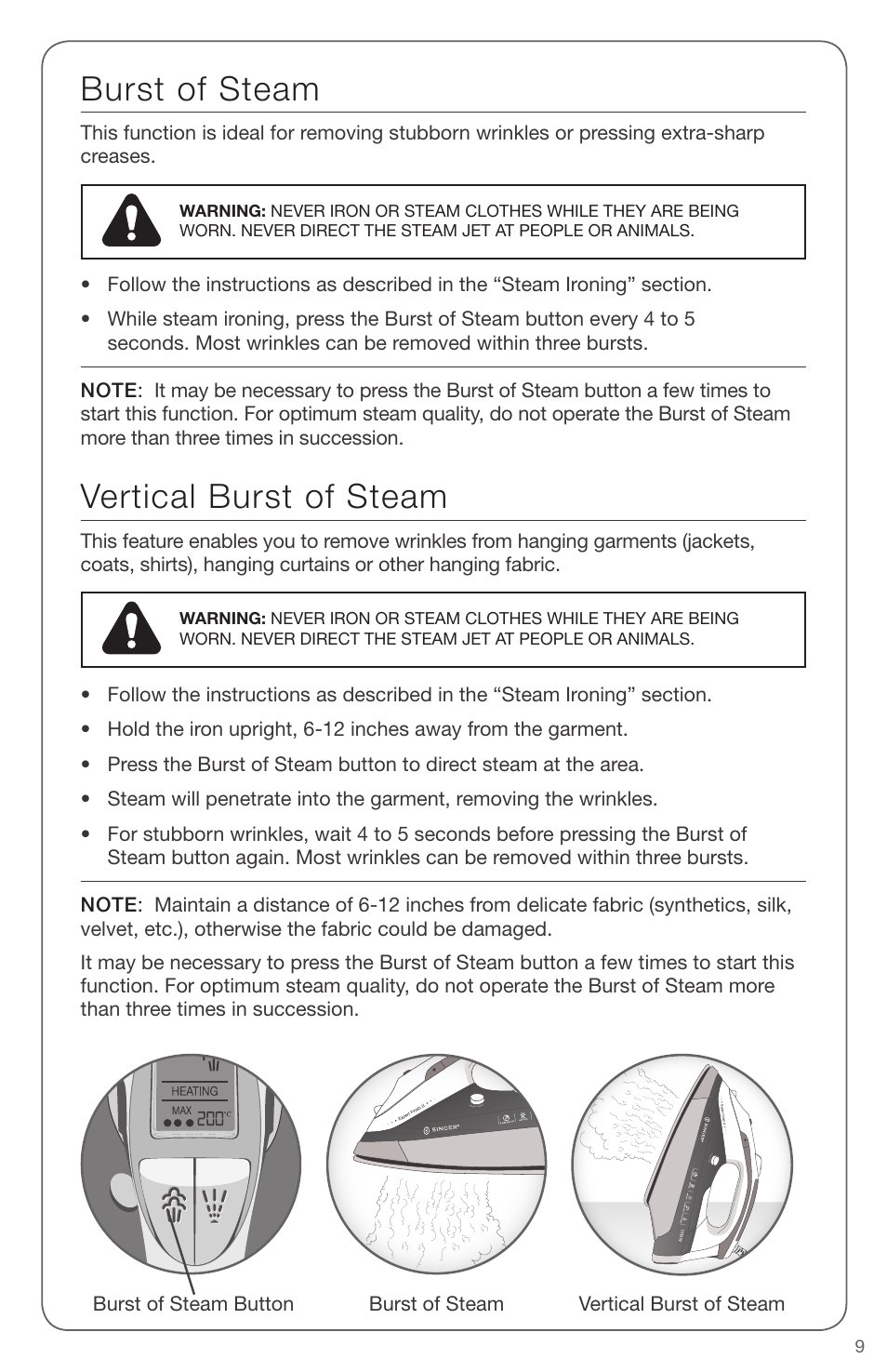 Vertical burst of steam, Burst of steam | SINGER EXPERT FINISH II User Manual | Page 9 / 45