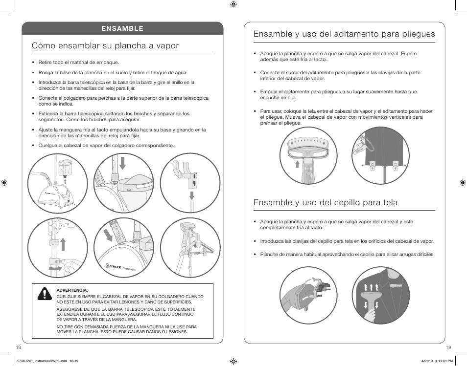 Cómo ensamblar su plancha a vapor, Ensamble y uso del aditamento para pliegues, Ensamble y uso del cepillo para tela | Ensamble | SINGER STEAMWORKS PRO User Manual | Page 10 / 15