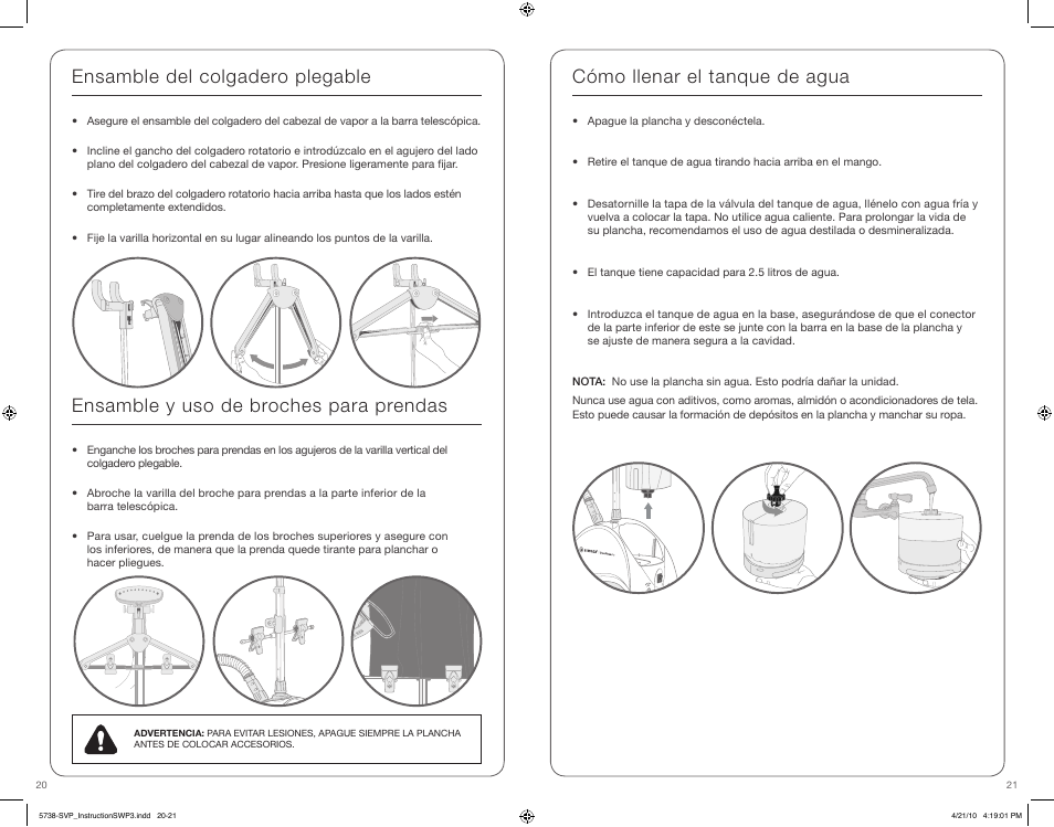 Ensamble del colgadero plegable, Ensamble y uso de broches para prendas, Cómo llenar el tanque de agua | SINGER STEAMWORKS PRO User Manual | Page 11 / 15