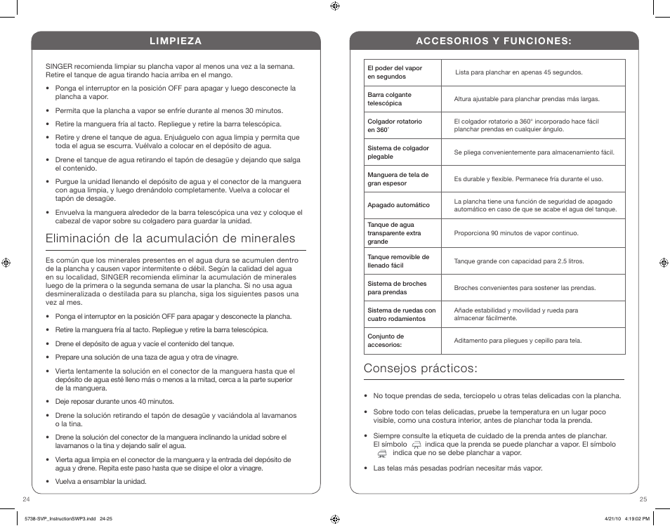 Eliminación de la acumulación de minerales, Consejos prácticos | SINGER STEAMWORKS PRO User Manual | Page 13 / 15