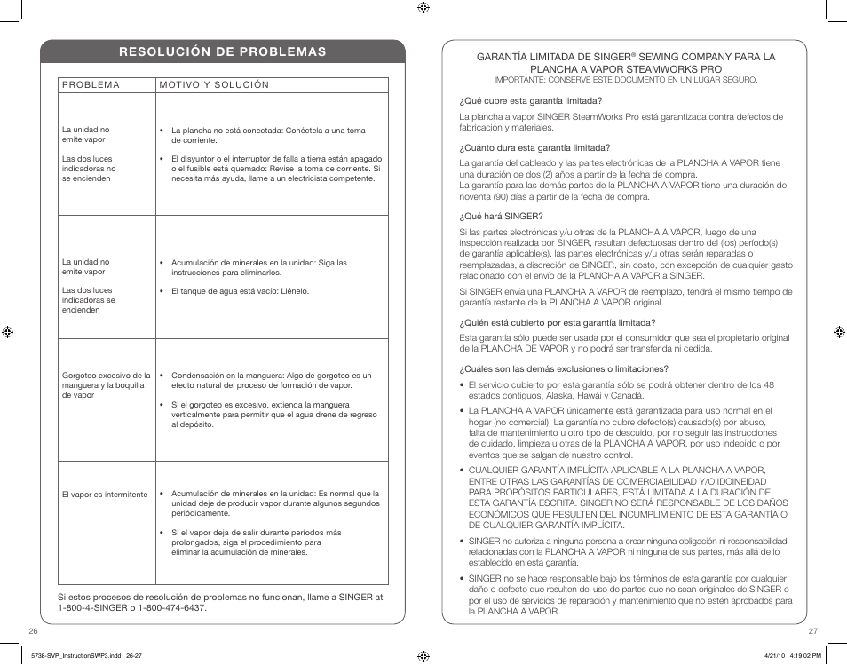 Resolución de problemas | SINGER STEAMWORKS PRO User Manual | Page 14 / 15