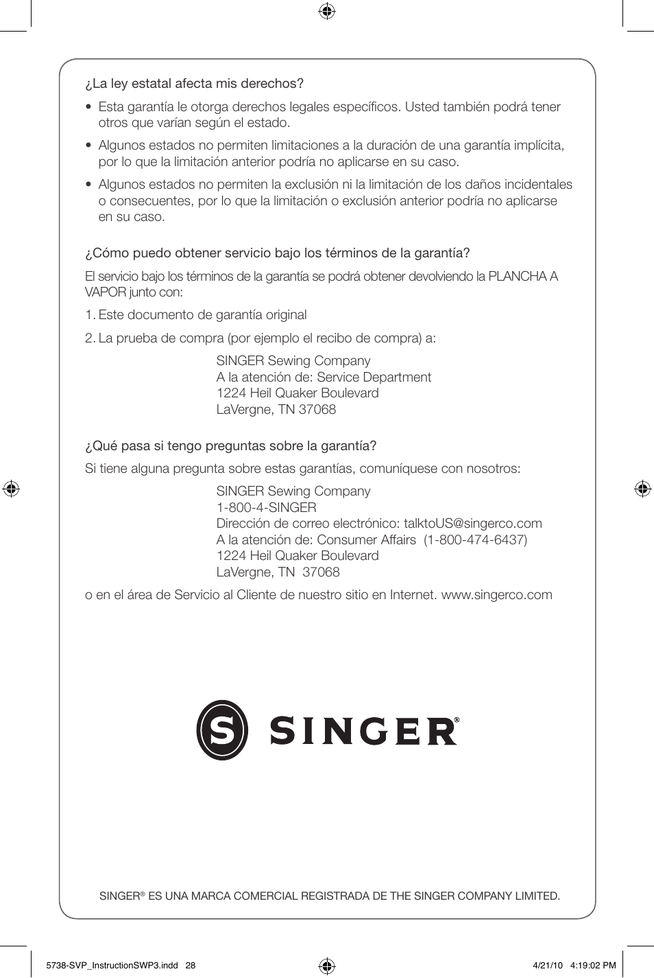 SINGER STEAMWORKS PRO User Manual | Page 15 / 15