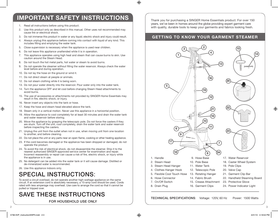 Important safety instructions, Special instructions, Save these instructions | Getting to know your garment steamer | SINGER STEAMWORKS PRO User Manual | Page 2 / 15