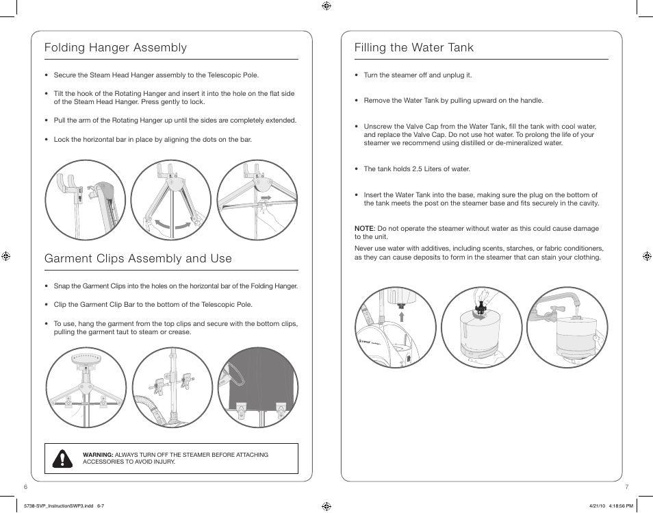 Folding hanger assembly, Filling the water tank, Garment clips assembly and use | SINGER STEAMWORKS PRO User Manual | Page 4 / 15