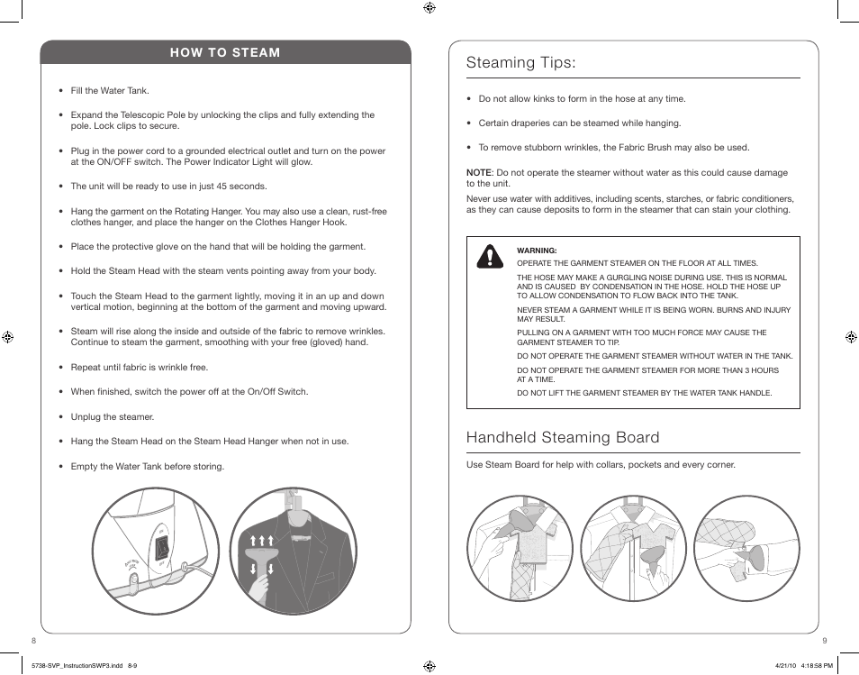 Handheld steaming board, Steaming tips | SINGER STEAMWORKS PRO User Manual | Page 5 / 15