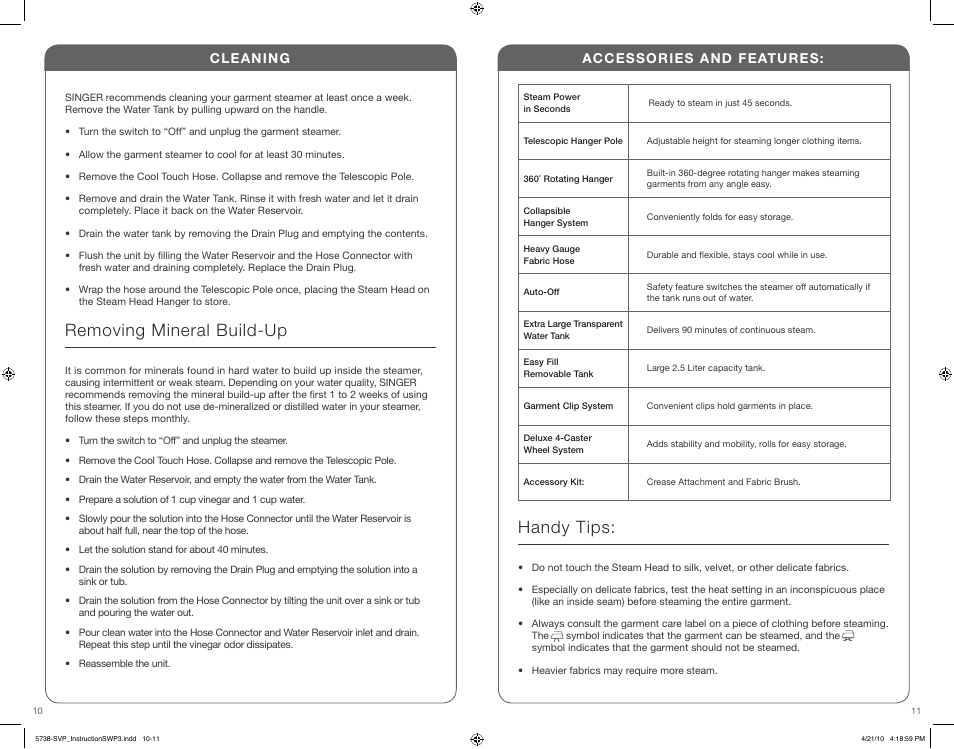 Removing mineral build-up, Handy tips | SINGER STEAMWORKS PRO User Manual | Page 6 / 15