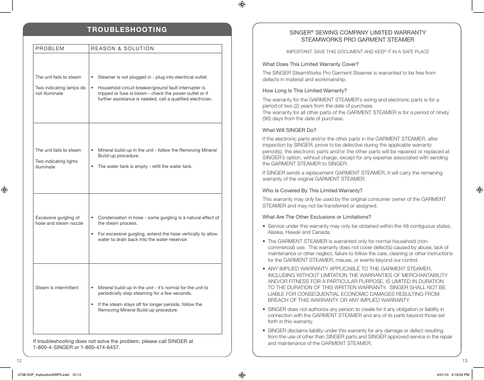 Troubleshooting | SINGER STEAMWORKS PRO User Manual | Page 7 / 15