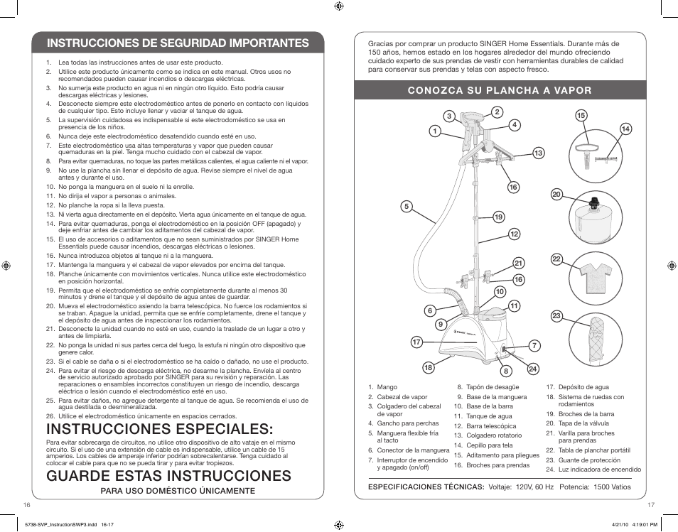 Instrucciones especiales, Guarde estas instrucciones, Instrucciones de seguridad importantes | Conozca su plancha a vapor | SINGER STEAMWORKS PRO User Manual | Page 9 / 15