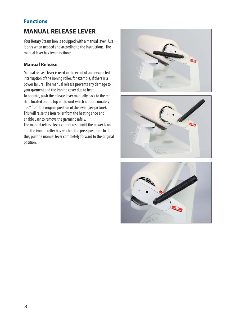 Manual release lever | SINGER 580 ROTARY STEAM PRESS User Manual | Page 10 / 74