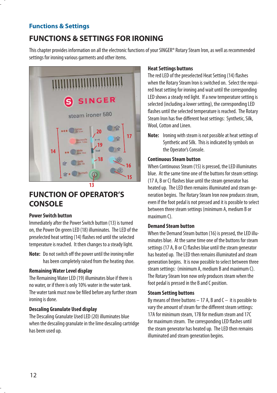 Functions & settings for ironing, Function of operator’s console | SINGER 580 ROTARY STEAM PRESS User Manual | Page 14 / 74