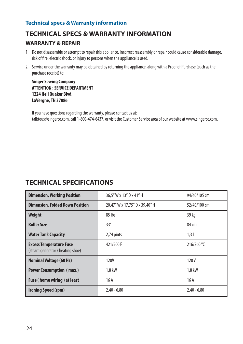 Technical specs & warranty information, Technical specifications | SINGER 580 ROTARY STEAM PRESS User Manual | Page 26 / 74