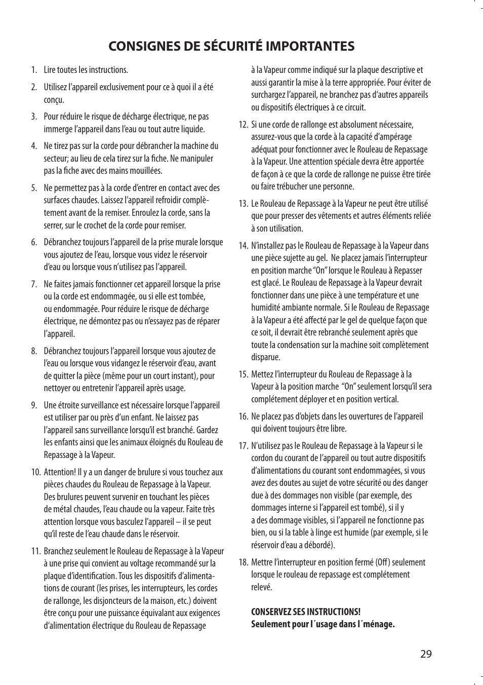 Consignes de sécurité importantes | SINGER 580 ROTARY STEAM PRESS User Manual | Page 31 / 74