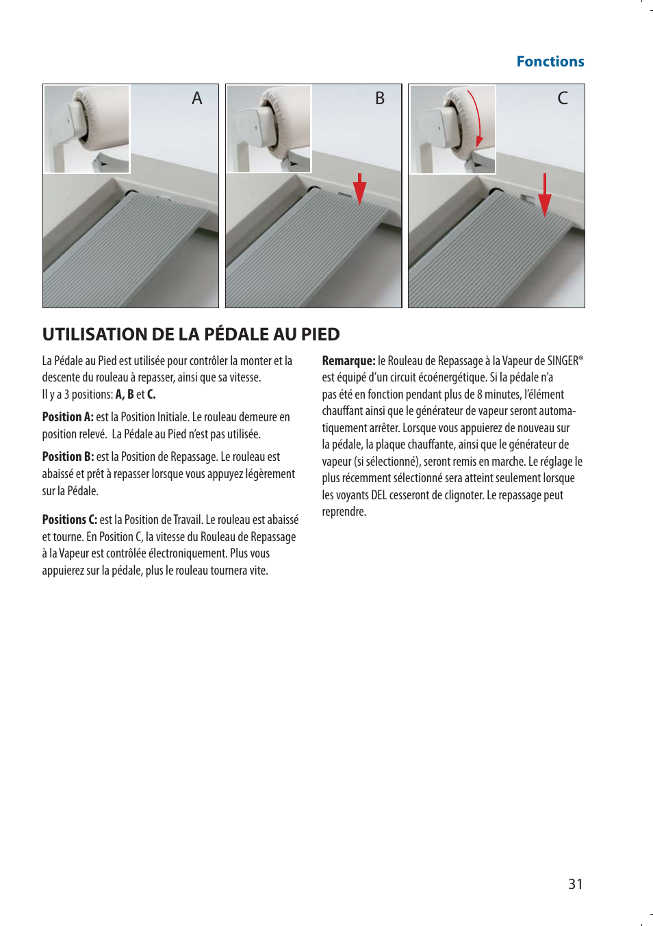 Ab c, Utilisation de la pédale au pied | SINGER 580 ROTARY STEAM PRESS User Manual | Page 33 / 74