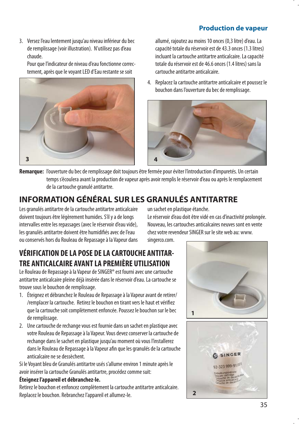 Information général sur les granulés antitartre | SINGER 580 ROTARY STEAM PRESS User Manual | Page 37 / 74