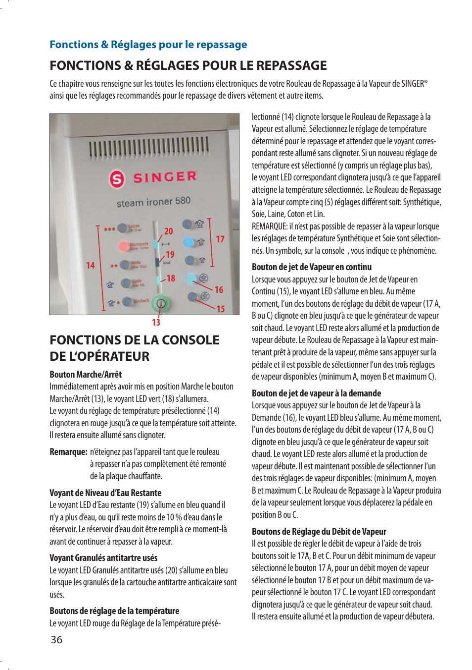 Fonctions & réglages pour le repassage, Fonctions de la console de l‘opérateur | SINGER 580 ROTARY STEAM PRESS User Manual | Page 38 / 74