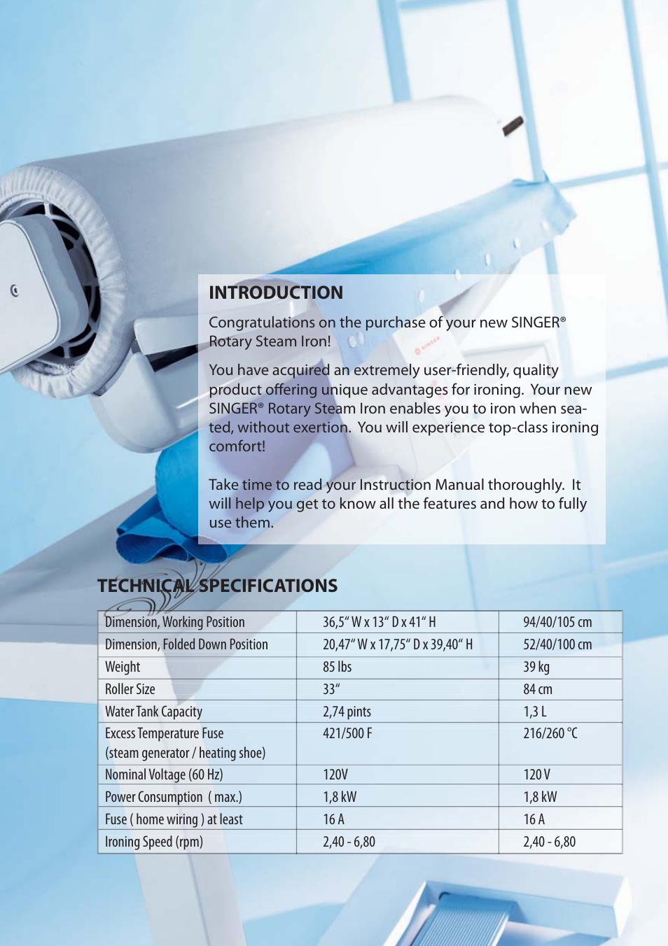 Introduction, Technical specifications | SINGER 580 ROTARY STEAM PRESS User Manual | Page 4 / 74