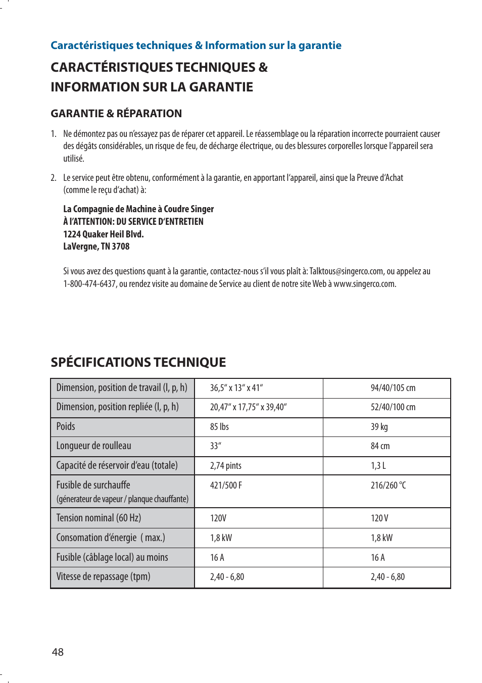 Spécifications technique | SINGER 580 ROTARY STEAM PRESS User Manual | Page 50 / 74