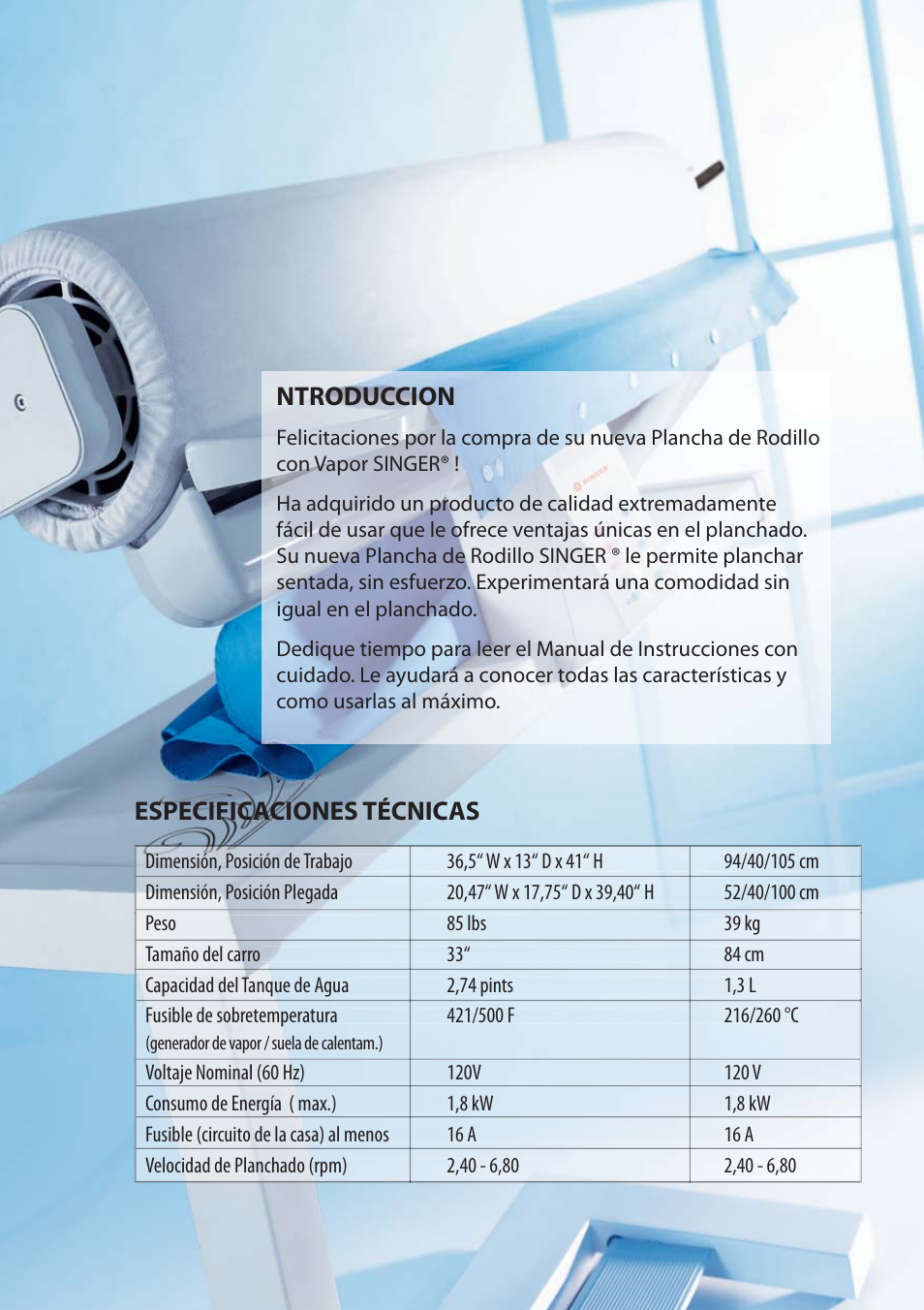 Ntroduccion, Especificaciones técnicas | SINGER 580 ROTARY STEAM PRESS User Manual | Page 52 / 74