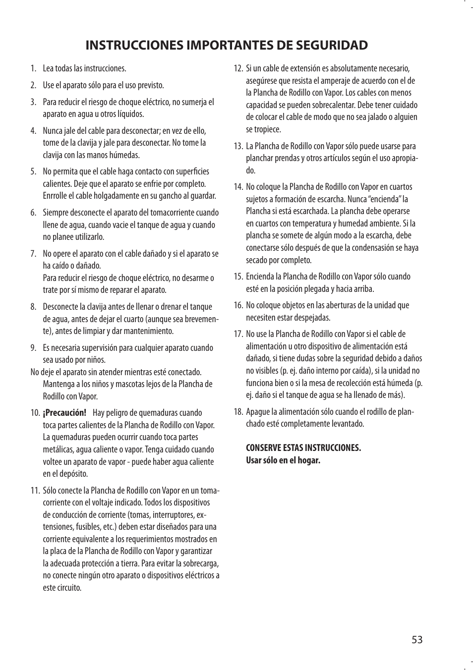 Instrucciones importantes de seguridad | SINGER 580 ROTARY STEAM PRESS User Manual | Page 55 / 74