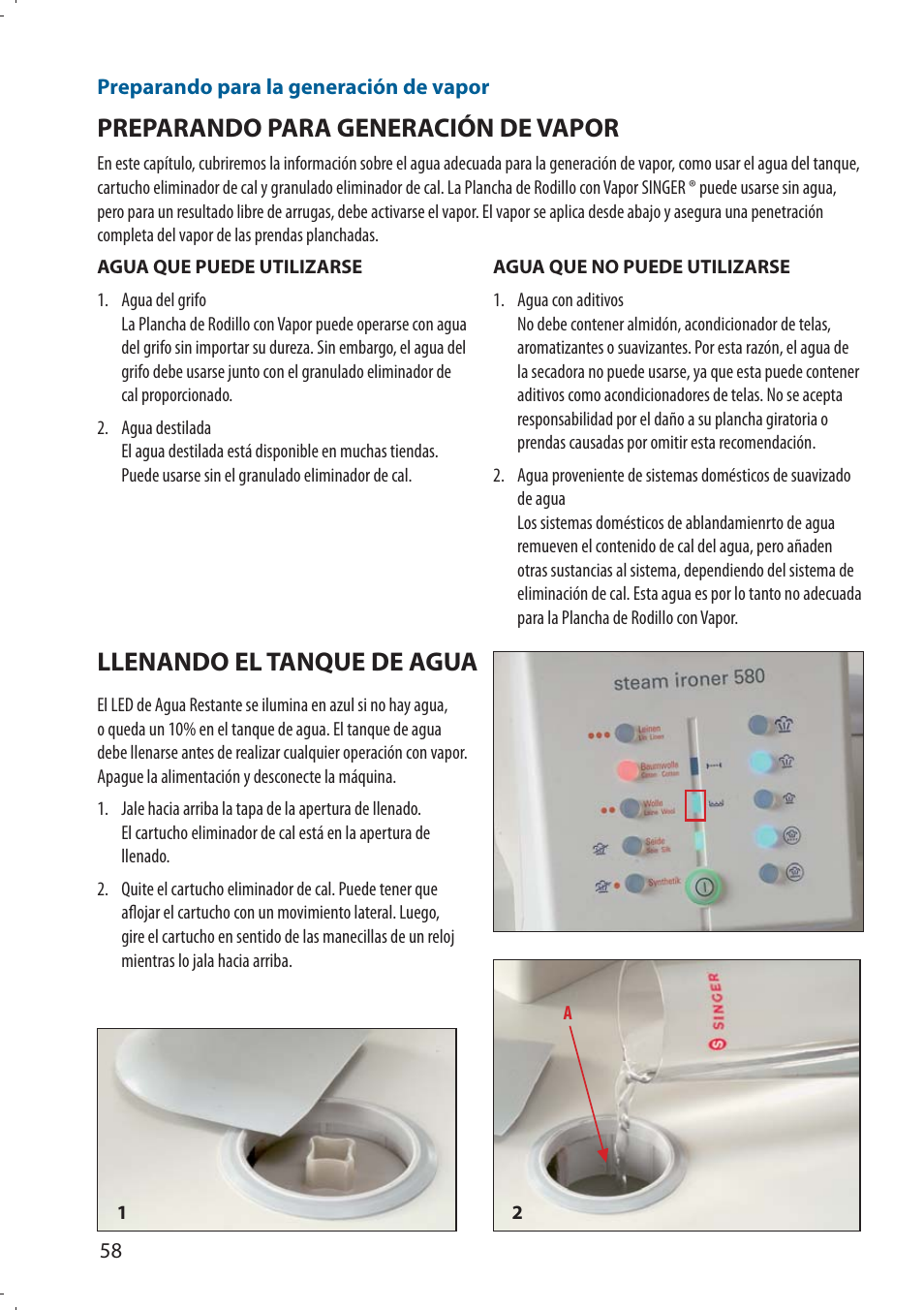 Preparando para generación de vapor, Llenando el tanque de agua | SINGER 580 ROTARY STEAM PRESS User Manual | Page 60 / 74