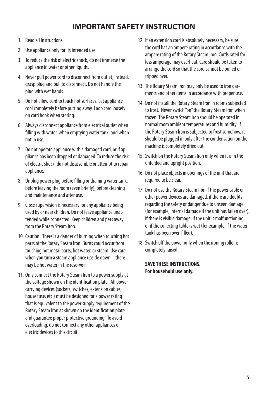 Important safety instruction | SINGER 580 ROTARY STEAM PRESS User Manual | Page 7 / 74