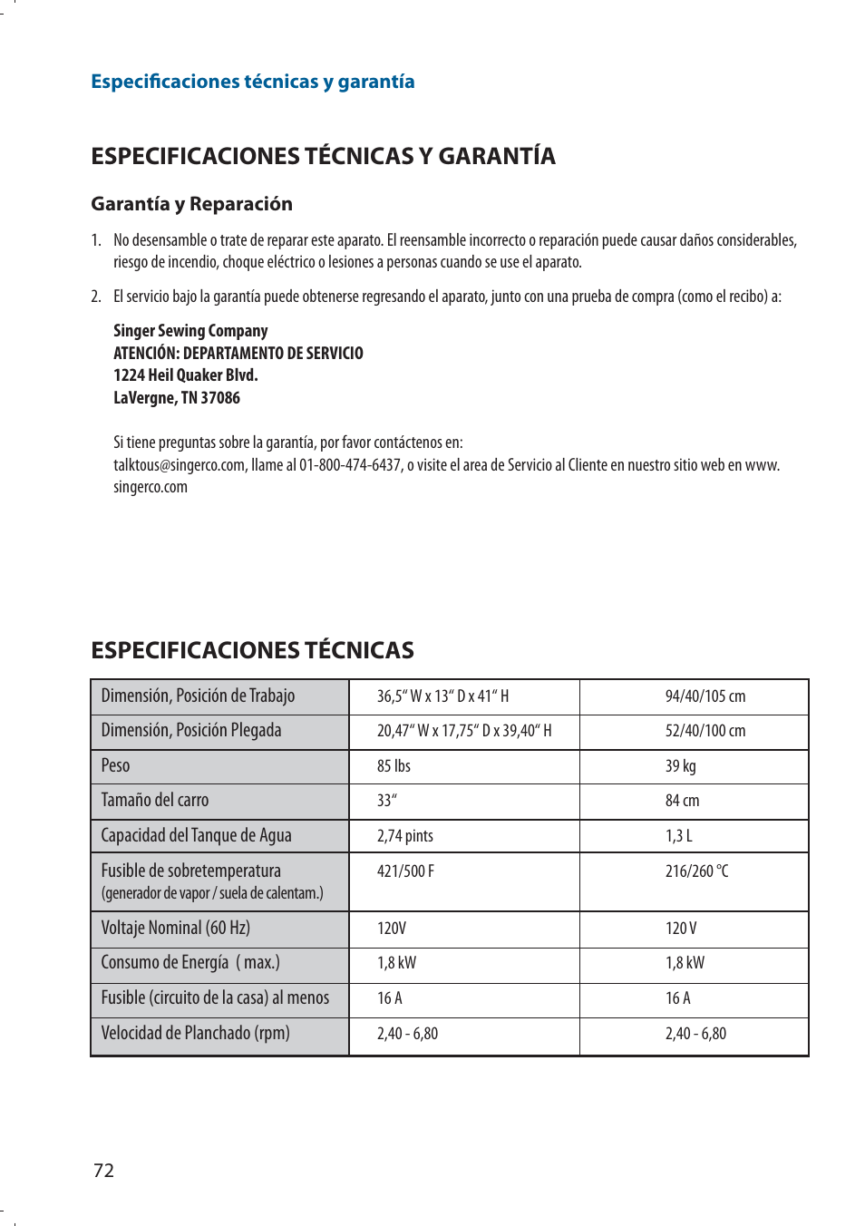 Especificaciones técnicas y garantía, Especificaciones técnicas | SINGER 580 ROTARY STEAM PRESS User Manual | Page 74 / 74