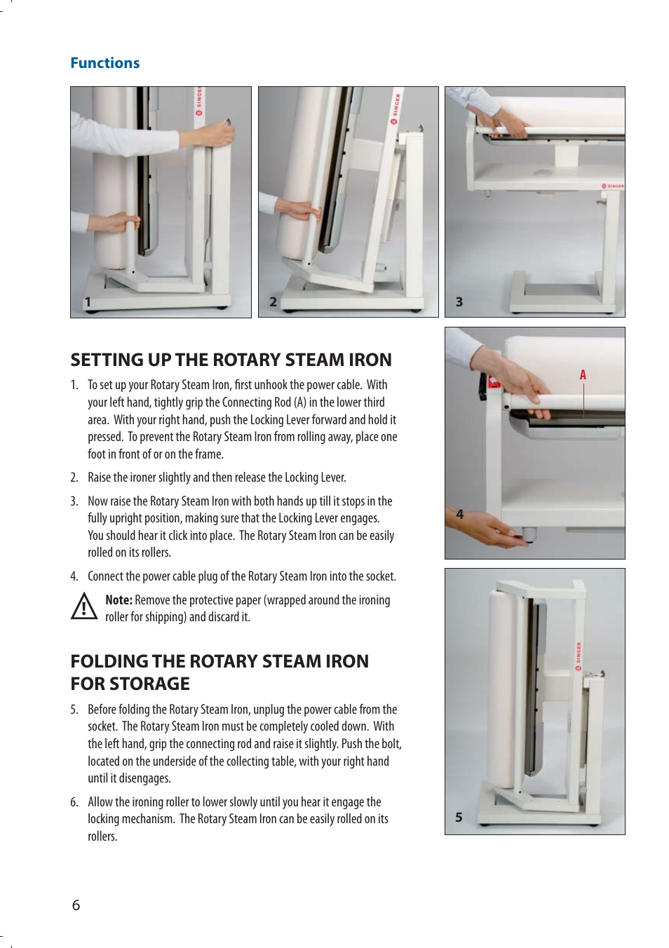 Setting up the rotary steam iron, Folding the rotary steam iron for storage | SINGER 580 ROTARY STEAM PRESS User Manual | Page 8 / 74