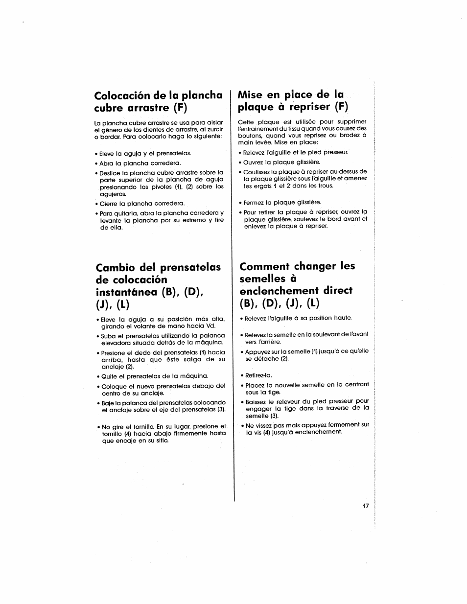 Colocación de la plancha cubre arrastre (f), Mise en place de lo plaque à repriser (f) | SINGER 5805 User Manual | Page 19 / 88