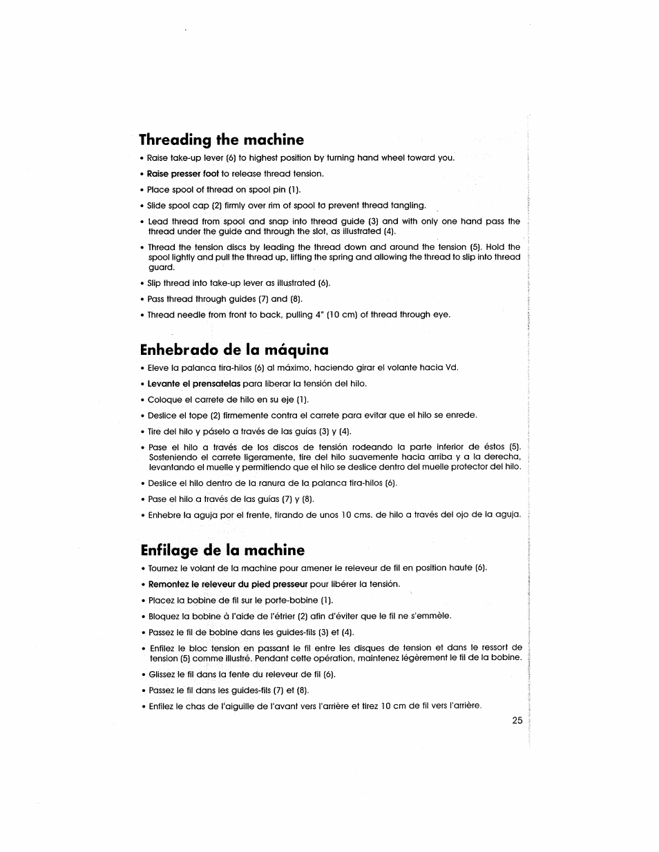 Threading the machine, Enhebrado de la máquina, Enfilage de la machíne | Enfilage de la machine | SINGER 5805 User Manual | Page 27 / 88