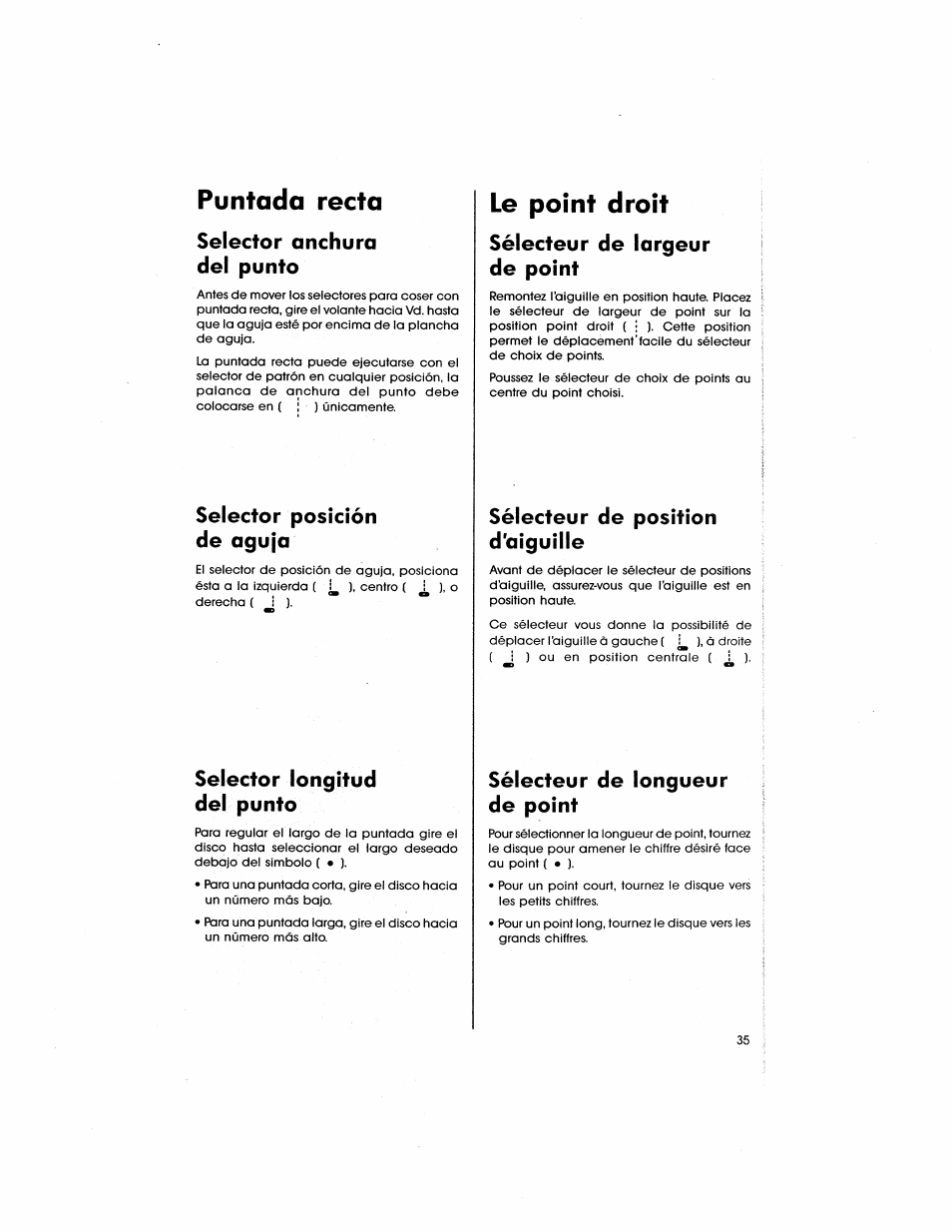 Puntada recta, Le point droit, Selector anchura del punto | Selector posición de agujo, Selector longitud del punto, Sélecteur de largeur de point, Sélecteur de position d'aiguille, Sélecteur de longueur de point | SINGER 5805 User Manual | Page 37 / 88