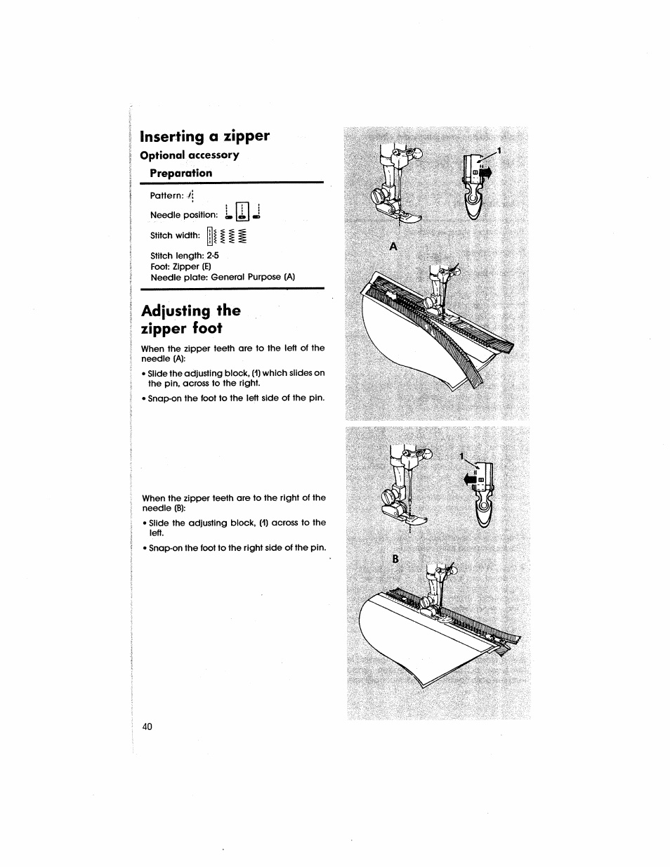 Inserting a zipper, Adjusting the zipper foot | SINGER 5805 User Manual | Page 42 / 88