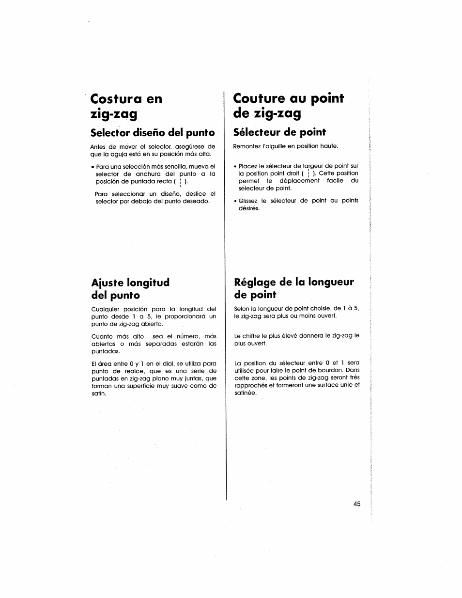 Costura en zig-zag, Selector diseño del punto, Ajuste longitud del punto | Couture au point de zig-zag, Sélecteur de point, Réglage de la longueur de point, Sélecteur de longueur de point | SINGER 5805 User Manual | Page 47 / 88