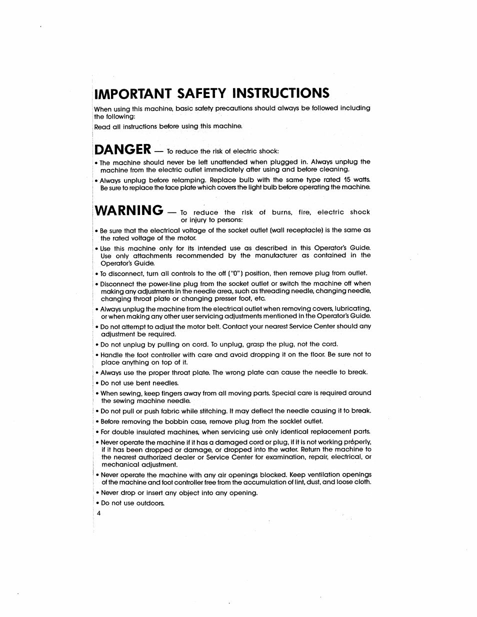 Important safety instructions, Danger, Warning | SINGER 5805 User Manual | Page 6 / 88