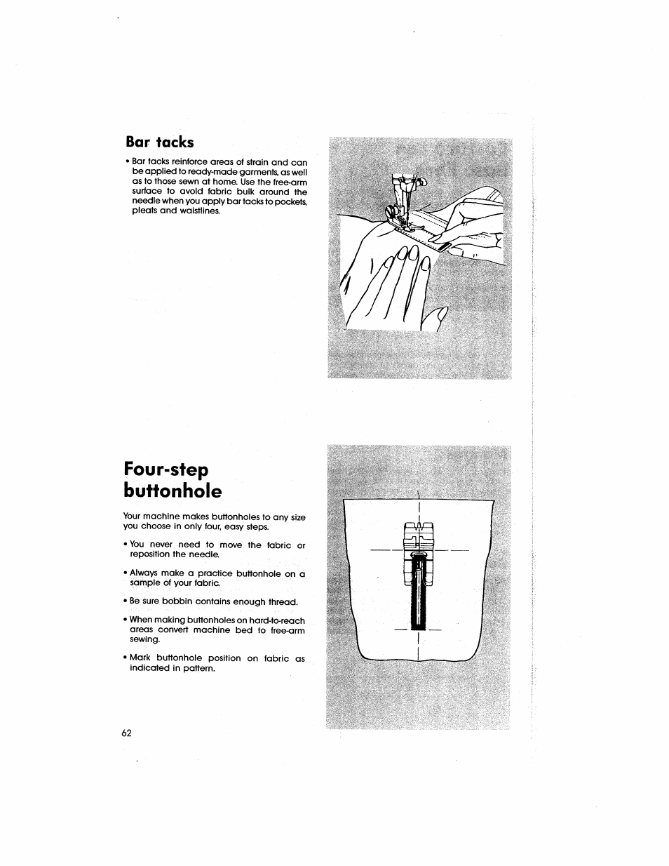 Bar tacks, Four-step, Buttonhole | Four-step buttonhole | SINGER 5805 User Manual | Page 64 / 88