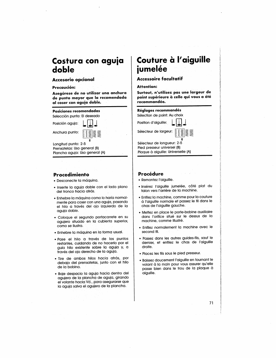 Costura con aguja doble, Couture à paiguille jumelée, Accesorio opcional | Accessoire facultatif | SINGER 5805 User Manual | Page 73 / 88