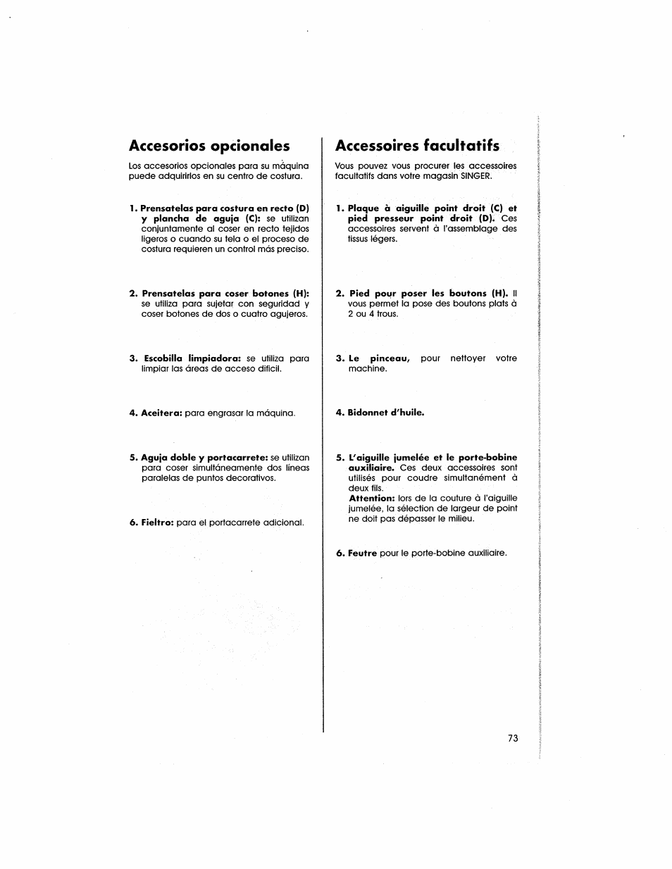 Accesorios opcionales, Accessoires facultatifs | SINGER 5805 User Manual | Page 75 / 88