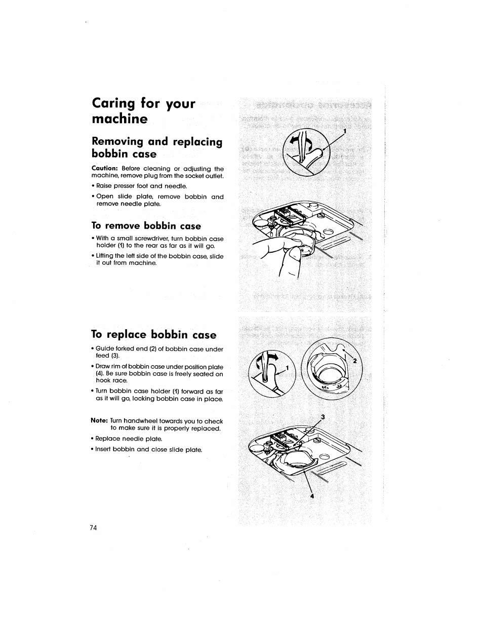 Caring for your machine, Removing and replacing, Bobbin case | To replace bobbin case, Removing and replacing bobbin case | SINGER 5805 User Manual | Page 76 / 88