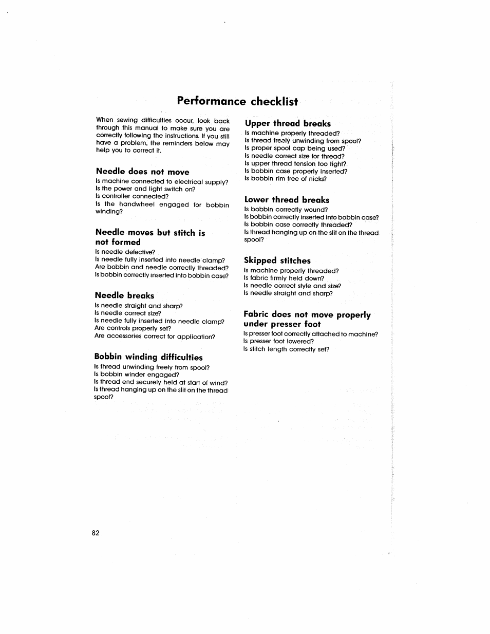 Performance checklist | SINGER 5805 User Manual | Page 84 / 88