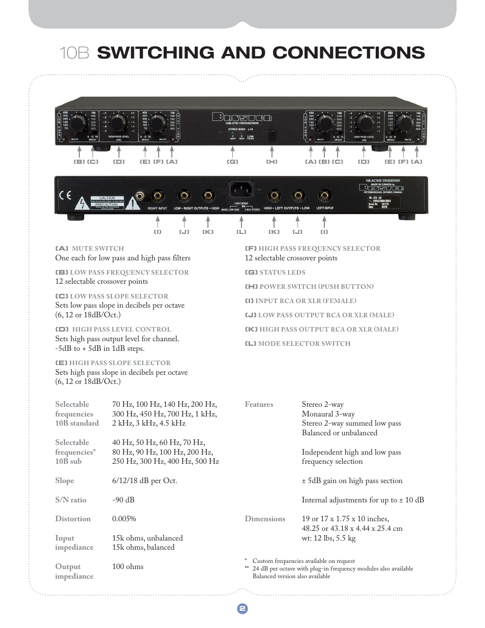 10b switching and connections | Bryston Electronic Crossover 10B LR User Manual | Page 3 / 8