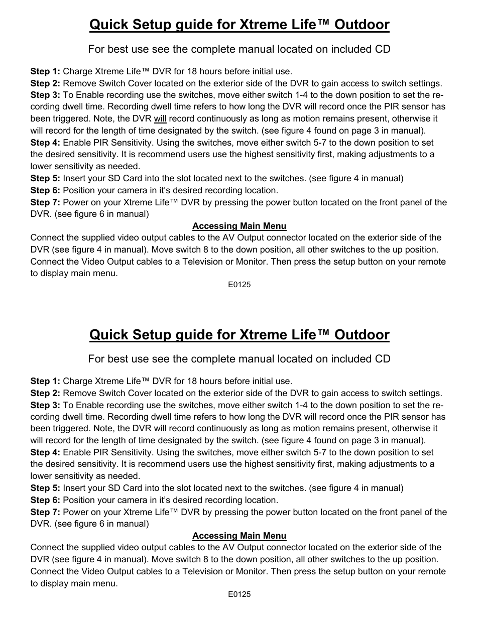 SleuthGear Xtreme Life Outdoor Quick Guide User Manual | 1 page