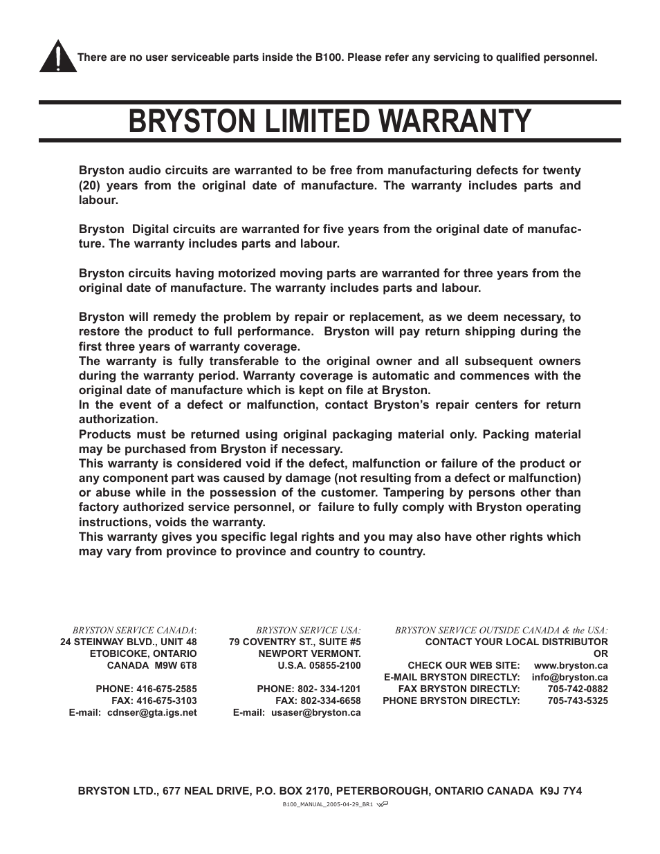 Bryston limited warranty | Bryston B100 User Manual | Page 10 / 10