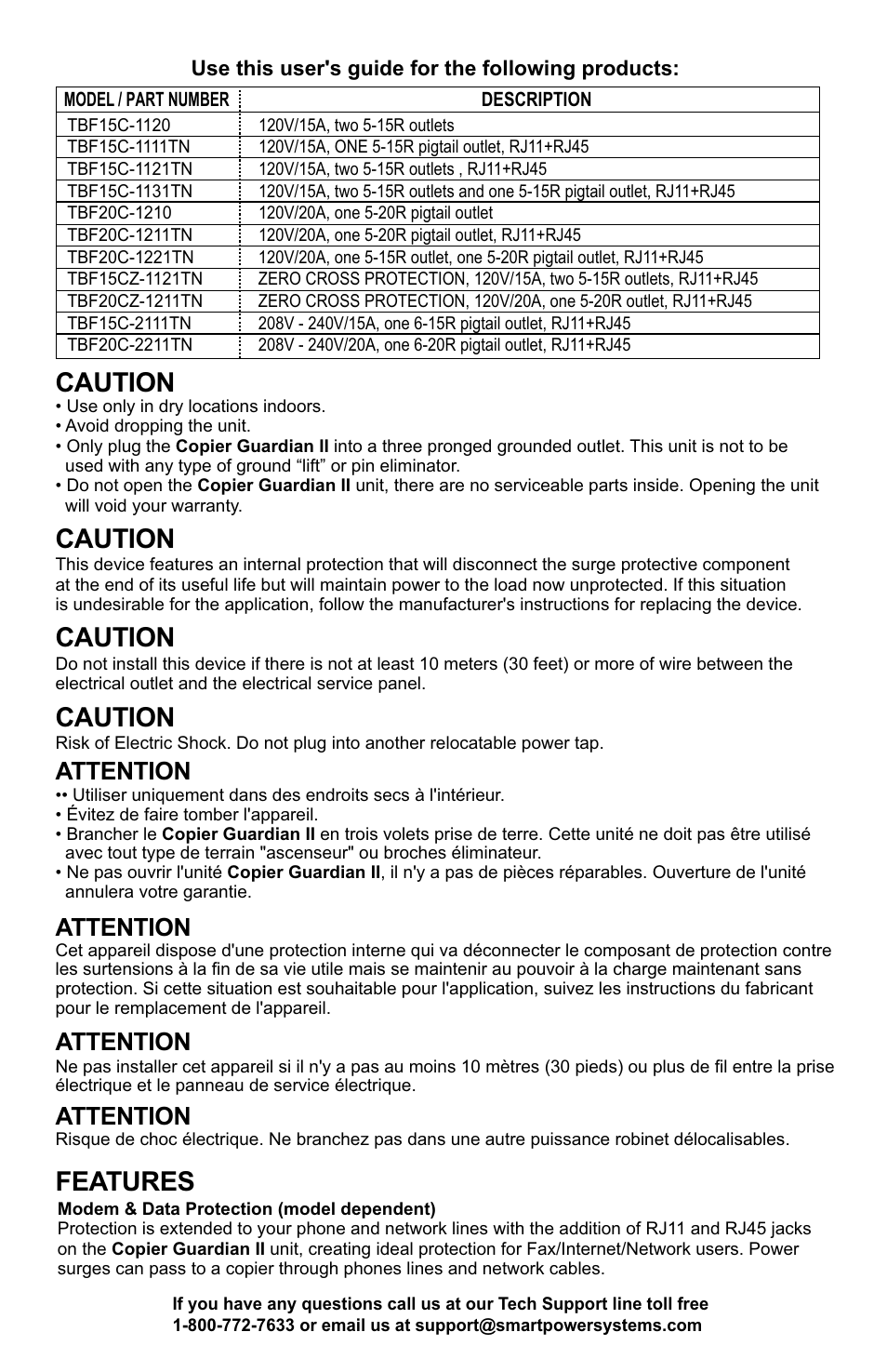 Caution, Features, Attention | Smart Power Systems Copier Guardian User Manual | Page 2 / 4
