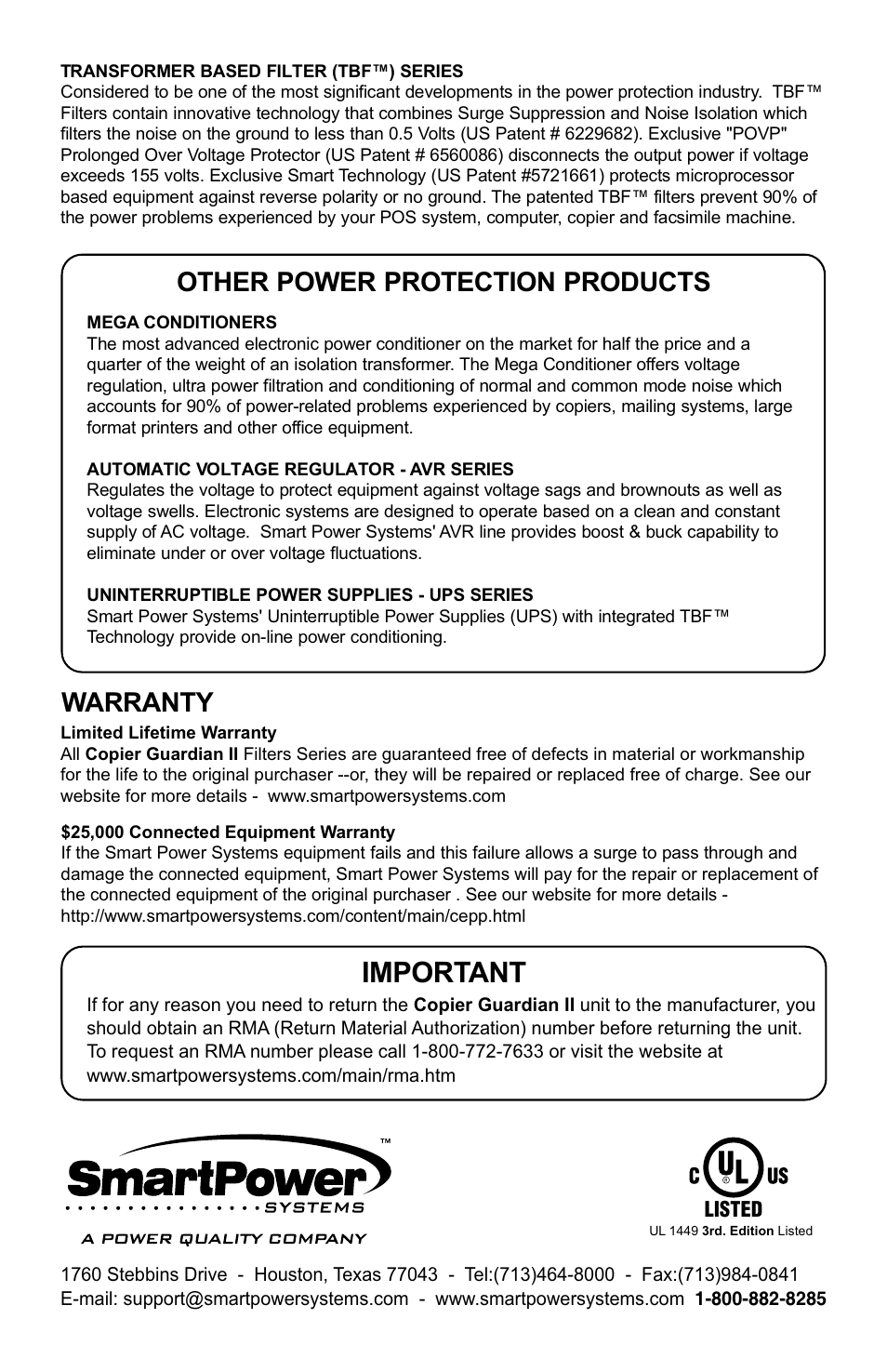 Important, Other power protection products warranty | Smart Power Systems Copier Guardian User Manual | Page 4 / 4