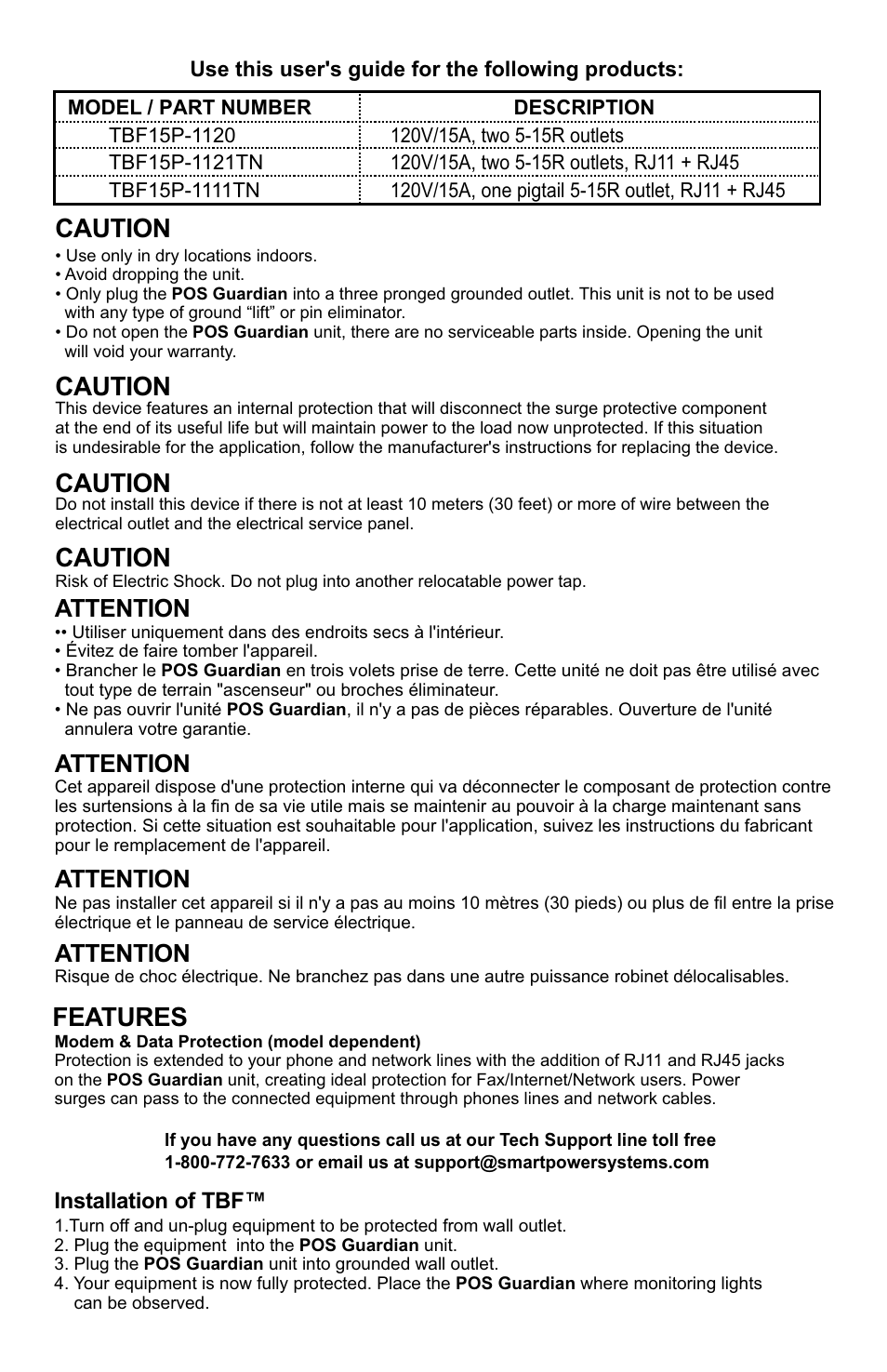 Caution, Features, Attention | Smart Power Systems POS Guardian User Manual | Page 2 / 4