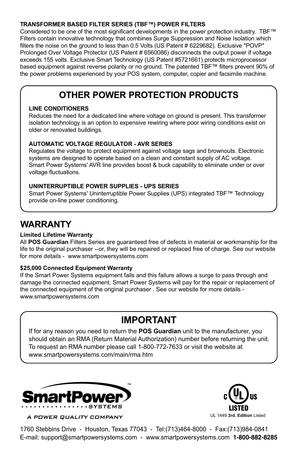 Important, Other power protection products warranty | Smart Power Systems POS Guardian User Manual | Page 4 / 4