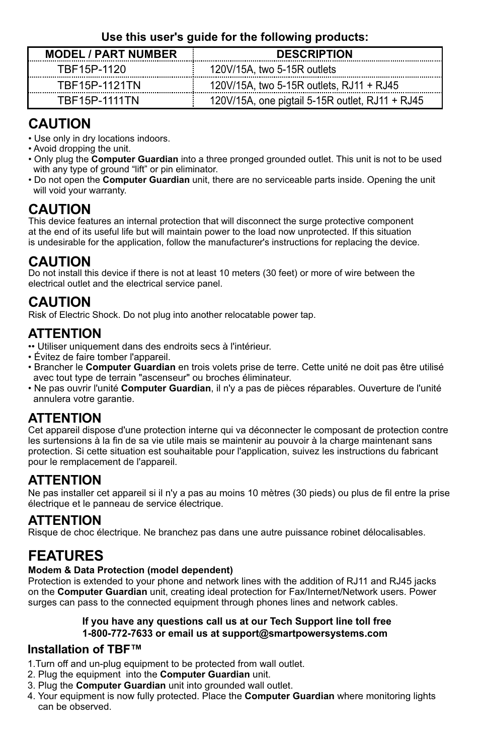 Features, Caution, Attention | Smart Power Systems Computer Guardian User Manual | Page 2 / 4